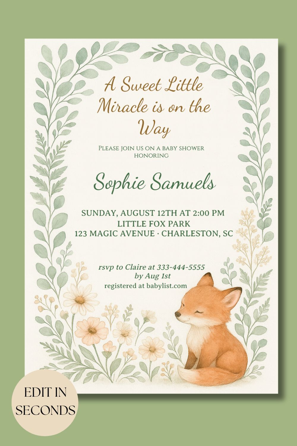 Woodland Fox Baby Shower Invitation | Sweet Editable Forest Baby Invite