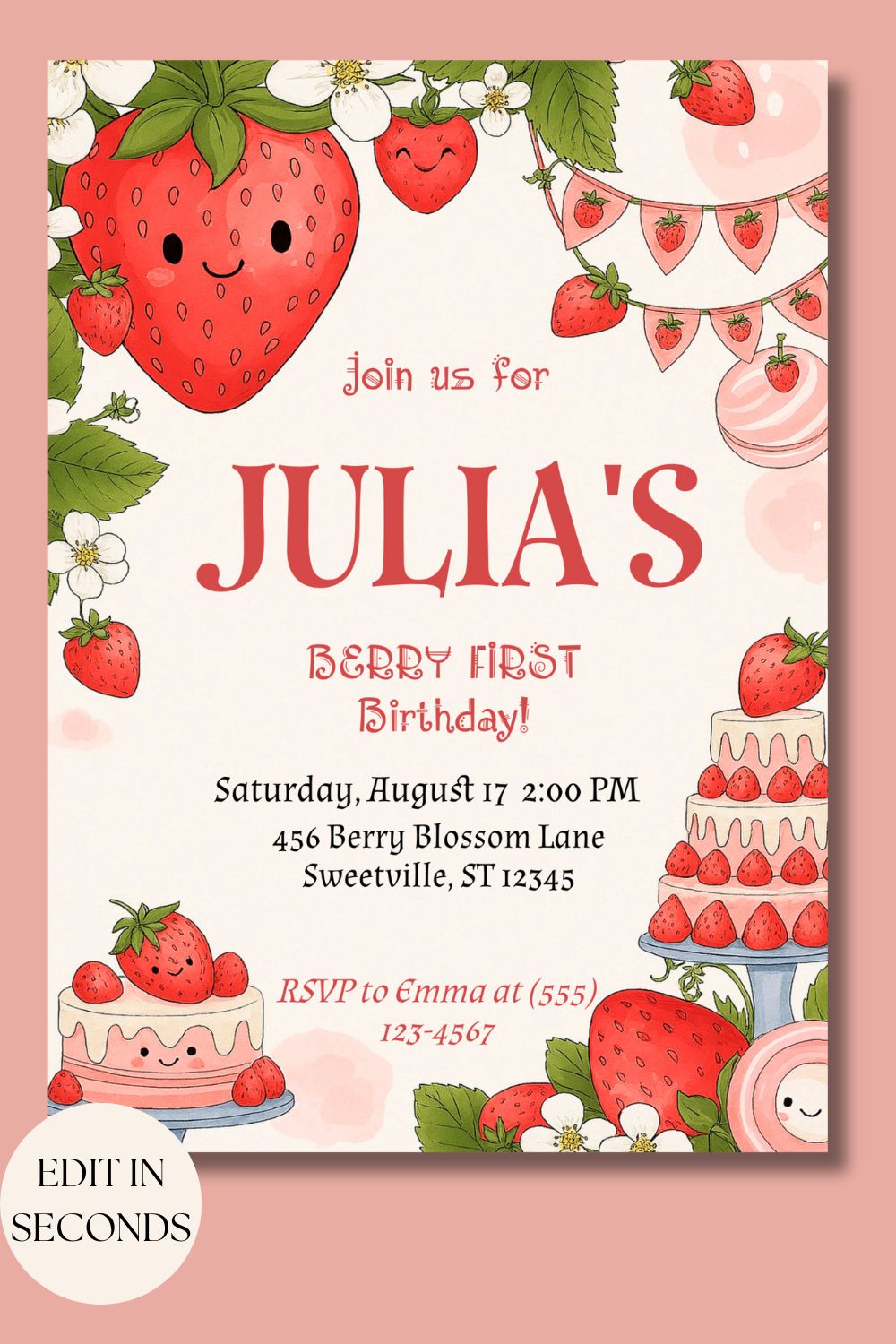 Berry First Birthday Printable Invitation | Strawberry Themed 1st Birthday Invite | Editable Girl Invitation