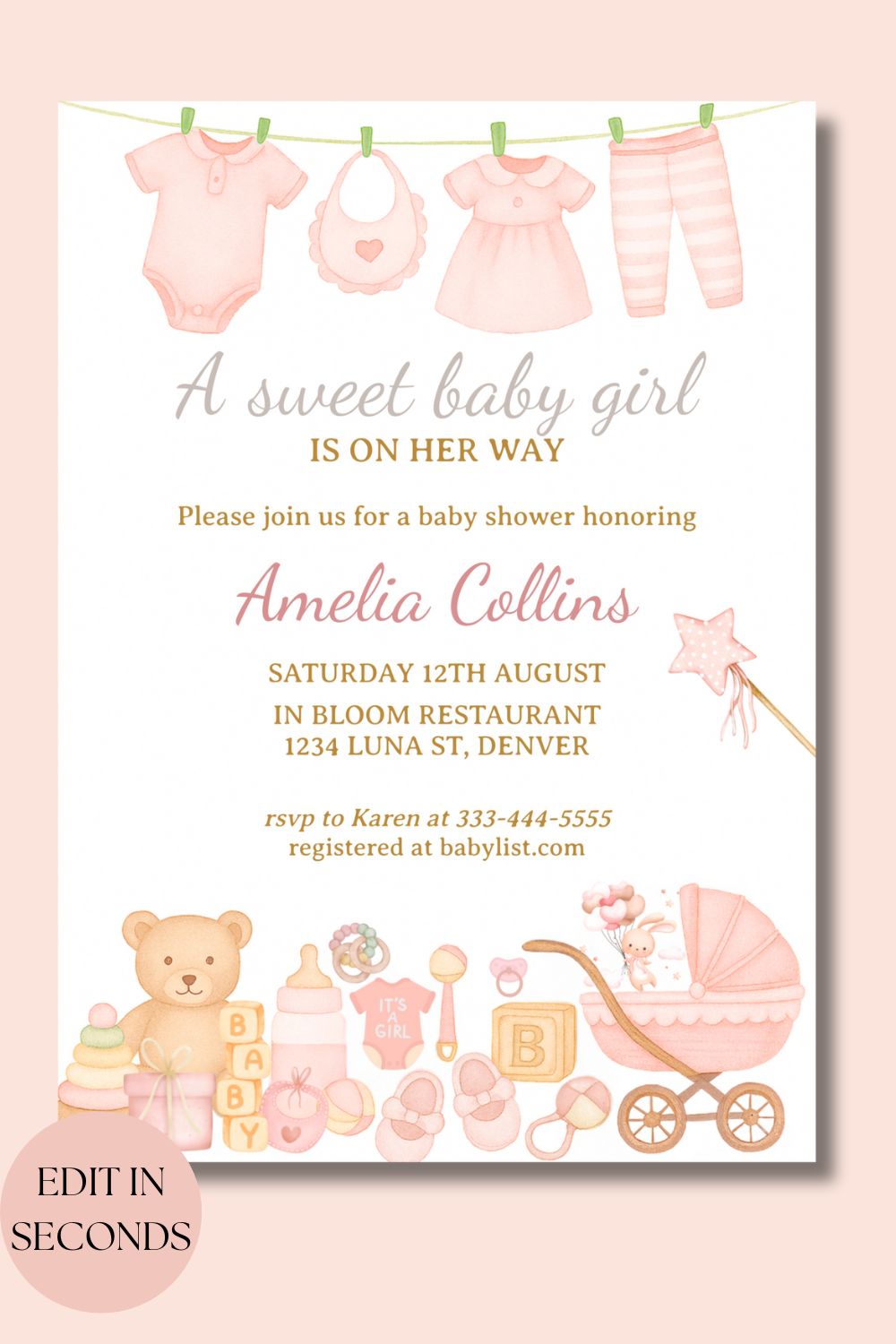 Baby Shower Invitation for Girl | Editable Pink Watercolor Toys & Clothes Invite