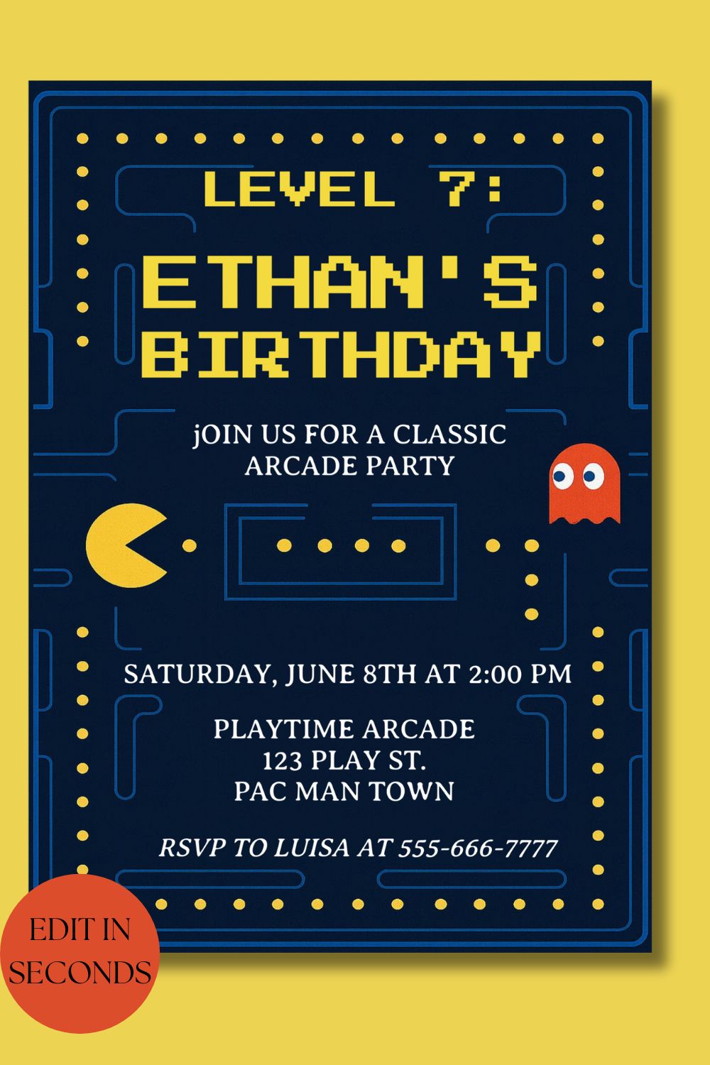 Pac-Man Arcade Birthday Invitation | Editable Retro Game Party Invite | 80s Video Game Party