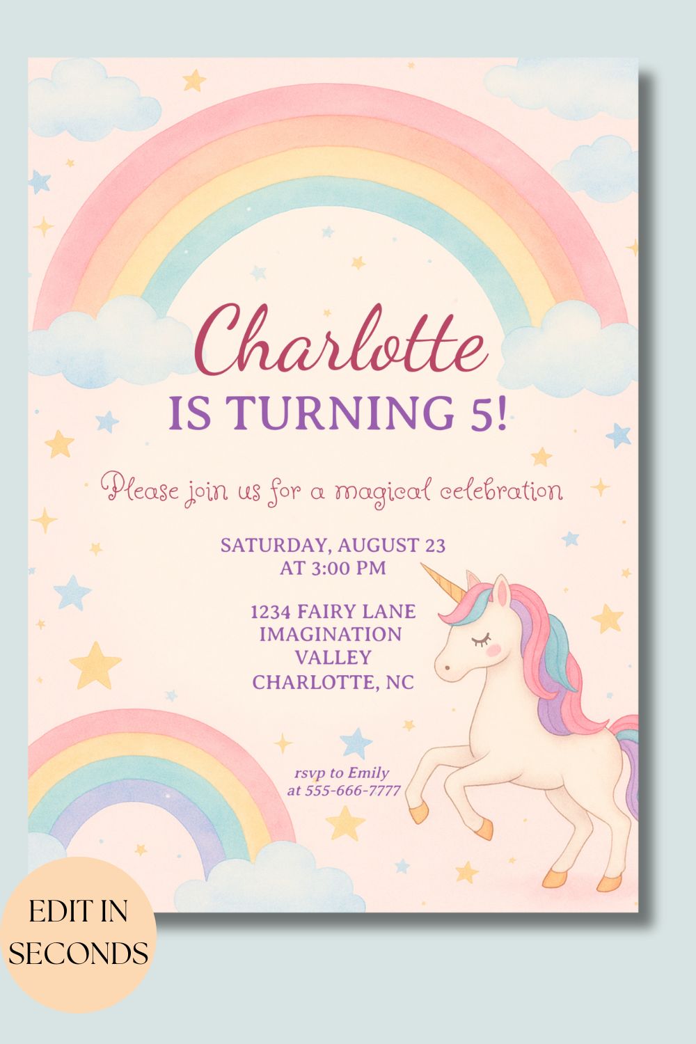 Unicorn Birthday Invitation | Rainbow Editable Girl Invite