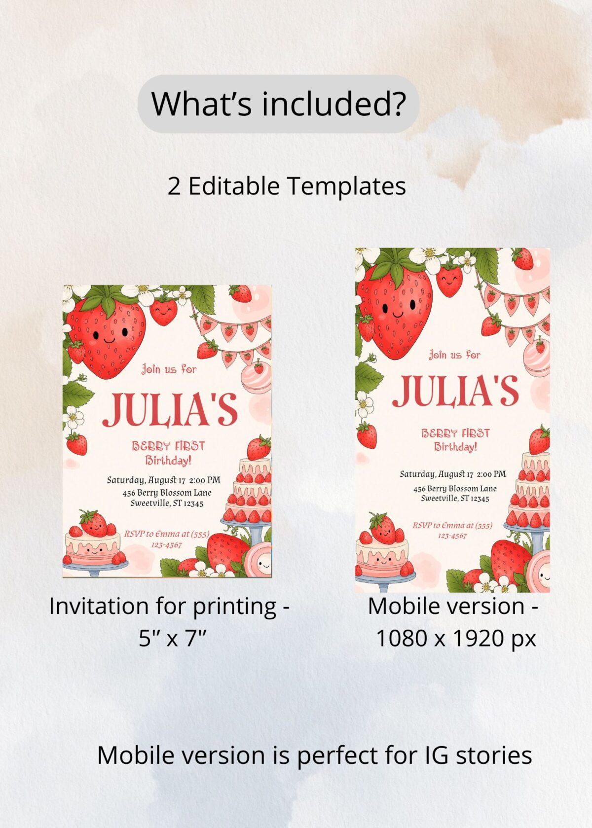 Berry First Birthday Printable Invitation | Strawberry Themed 1st Birthday Invite | Editable Girl Invitation - Image 5