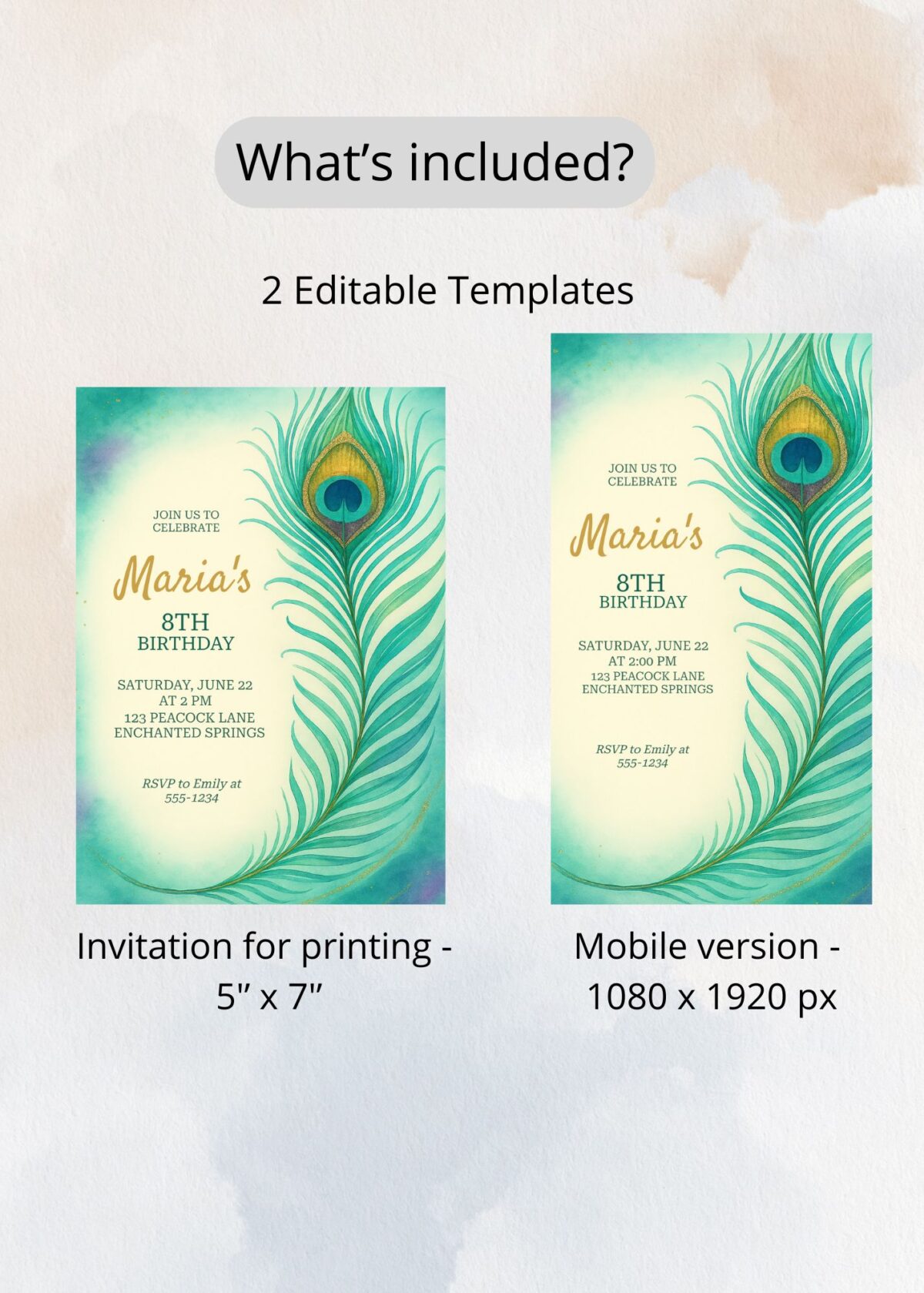 Peacock Feather Birthday Invitation | Editable Boho Party Invite for Girls - Image 5