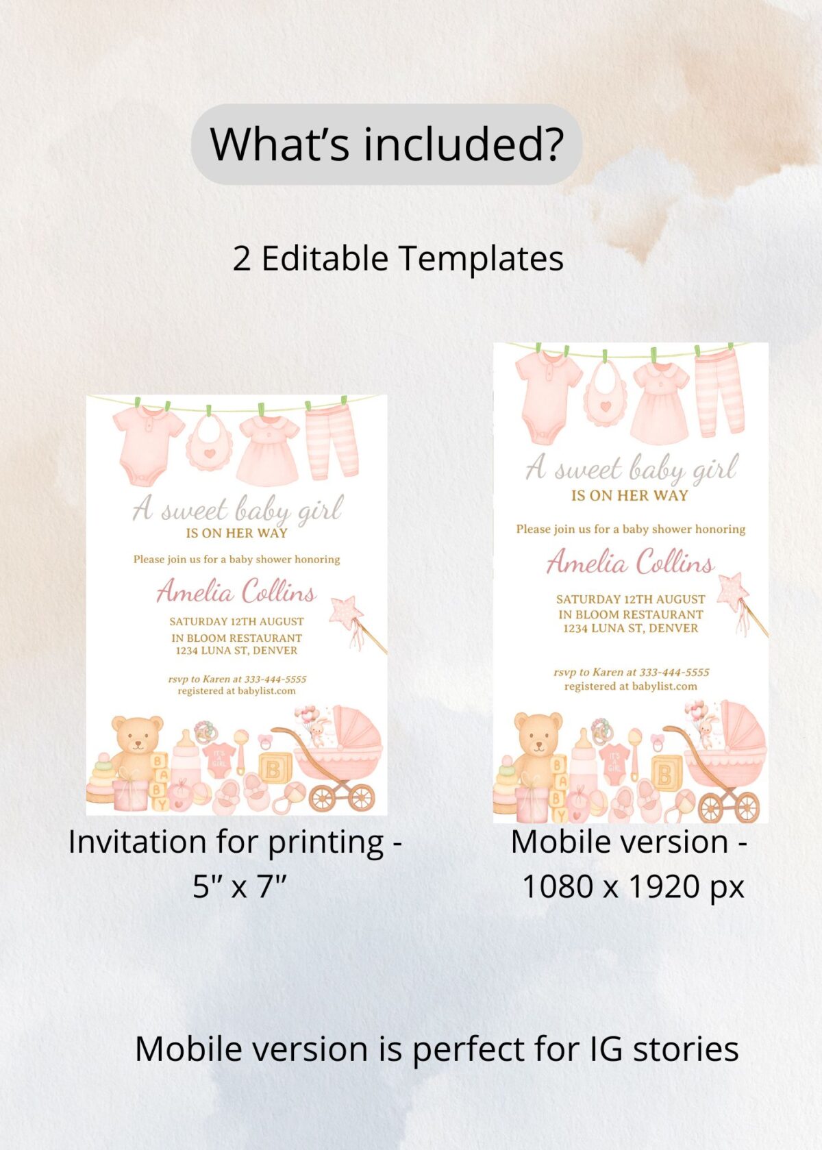 Baby Shower Invitation for Girl | Editable Pink Watercolor Toys & Clothes Invite - Image 5