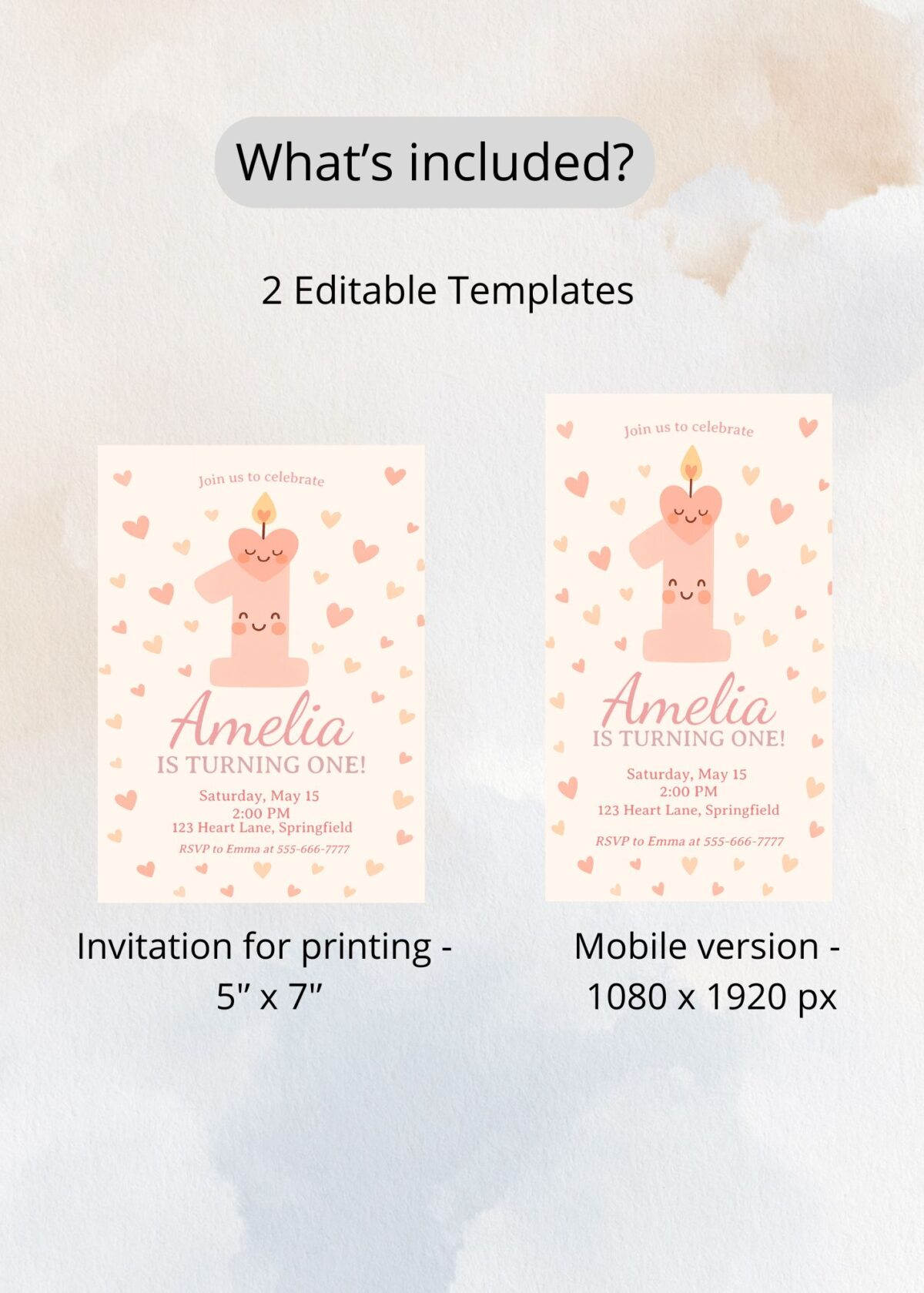 Adorable 1st Birthday Invitation with Pink Candle & Hearts | Pink Heart Birthday Invite for Girls - Image 5